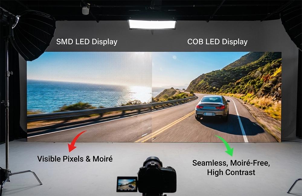 Side-by-side comparison of traditional SMD vs. Yitong YT-078 COB LED display, highlighting the moiré-free and high-contrast advantages for virtual production