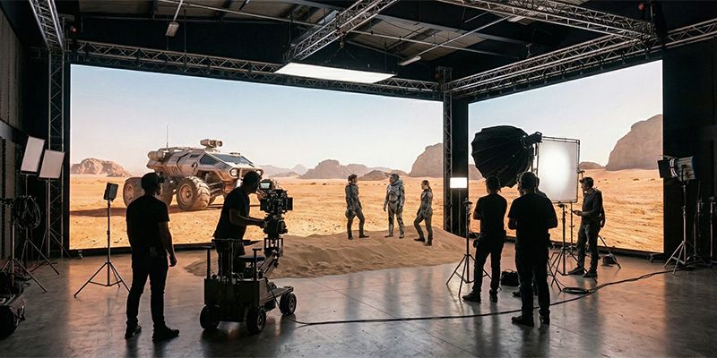 Large-scale flat COB LED display used as a virtual background in a film studio, replacing green screens for immersive virtual production.