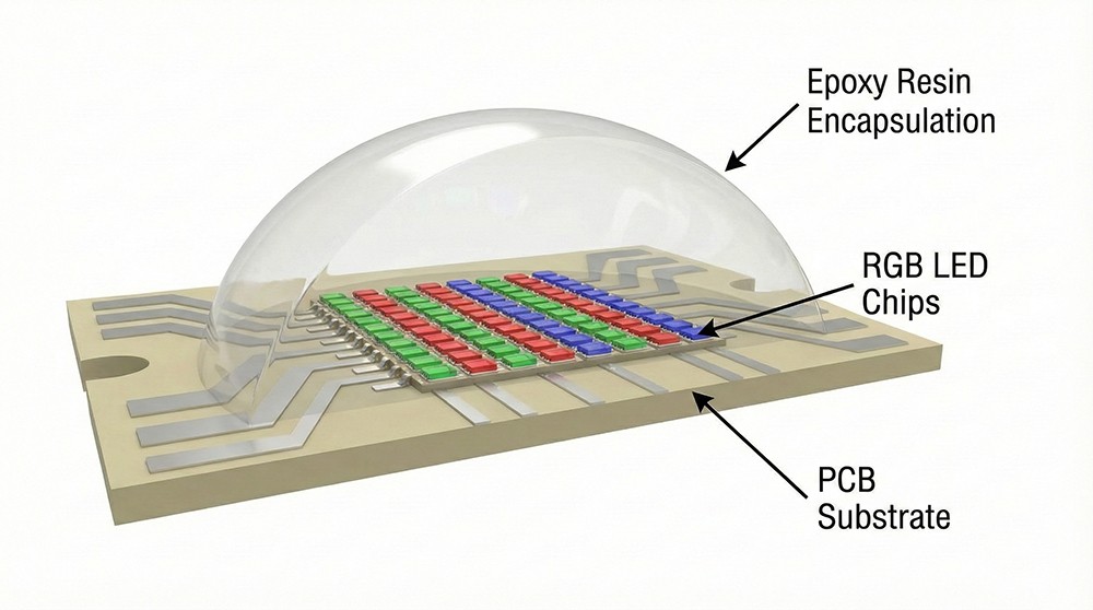 3D cross-section diagram of COB LED technology showing RGB chips bonded directly to a thin PCB substrate
