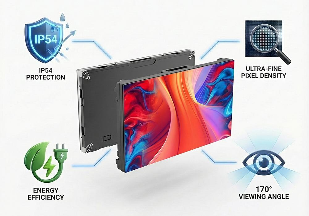 Indoor COB LED display panel illustrating 4 core advantages: IP54 protection, energy efficiency, ultra-fine pixel density, and 170° viewing angle.