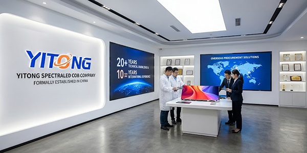 close-up view of a Yitong SpectraLED advanced COB display module showing seamless, vibrant abstract graphics