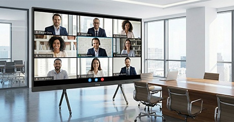 COB LED All-in-One Video Conferencing Display showing a high-definition multi-party remote video conference