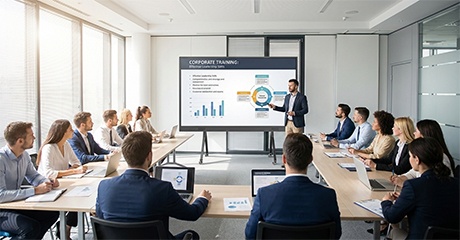 YT110 All-in-One COB LED Display on mobile stand, showing presentation slides in a corporate training room