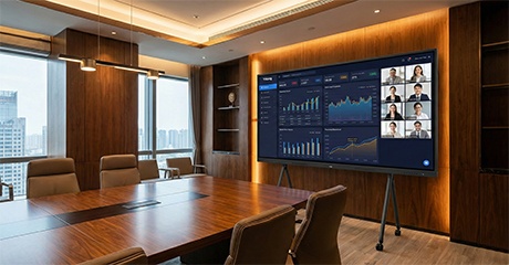 COB LED All-in-One Display on a mobile stand in a modern executive boardroom, showing high-definition business presentation content