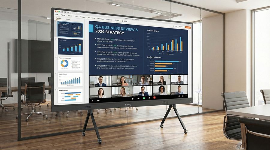 High-end conference room with a mobile 4K LED All-in-One display showing business analytics and video conferencing