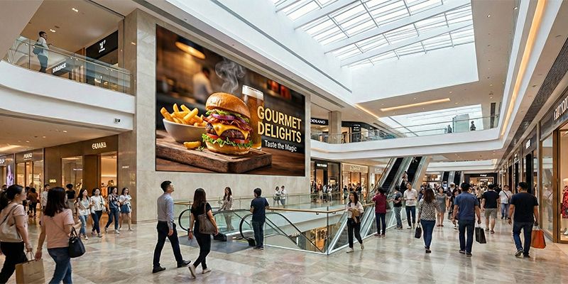 Indoor COB LED video wall in a shopping center displaying high-definition gourmet food advertisement