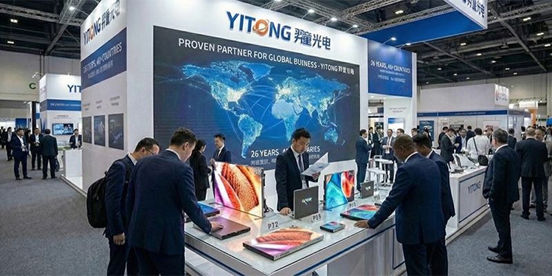 YITONG exhibition booth showcasing COB LED displays with team members interacting with global clients.
