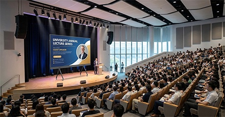 COB LED All-in-One Display on a mobile stand in a multi-purpose auditorium, showing a high-resolution event backdrop