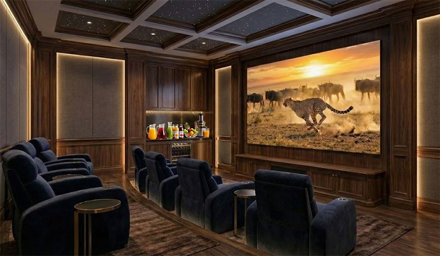 Home theater with deep black levels on a COB Micro LED wall
