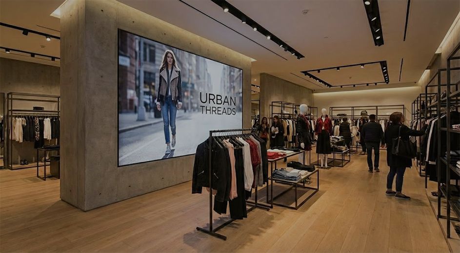 Indoor COB LED video wall in a high-end clothing store displaying leather shoes and bags advertisements