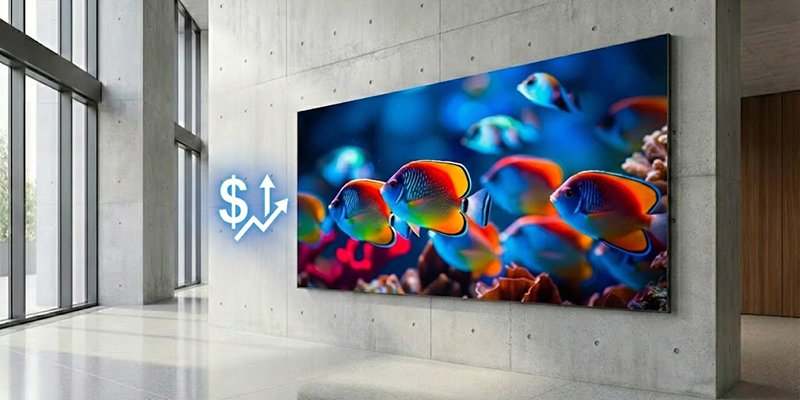 High-resolution indoor COB LED display showing vivid ocean fish with a price symbol on the wall, illustrating the value of COB LED display price