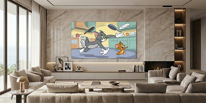 A wall-mounted miniature COB LED screen in the luxurious living room is playing a lively cat and mouse cartoon.
