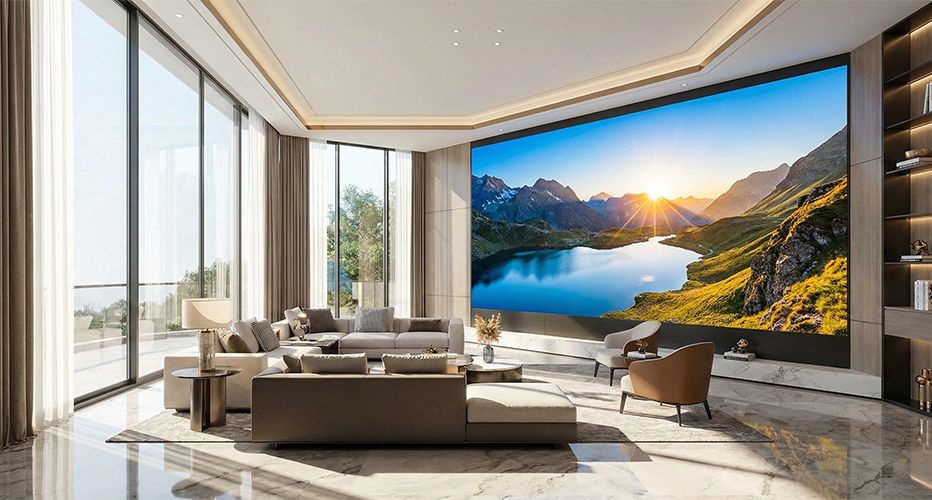 Bright luxury living room featuring a massive seamless COB LED video wall displaying 8K nature scenery