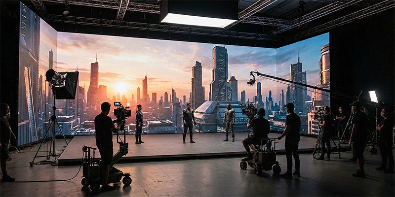 Flat COB LED display wall used as a realistic background in a virtual production film studio