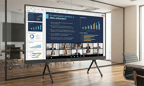 Yitong YT110 All-in-One COB LED display on mobile stand showing 4K meeting analytics and charts
