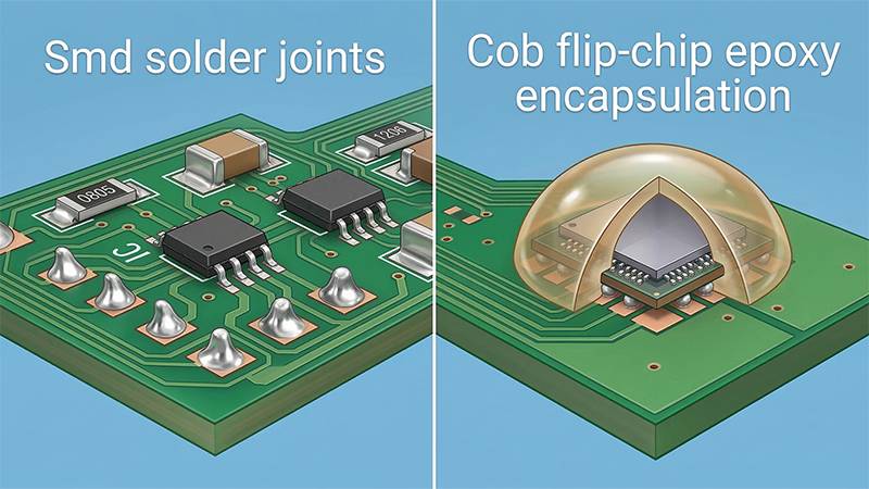 Microscopic engineering diagram showing the structural difference: SMD solder joints versus COB flip-chip epoxy encapsulation.