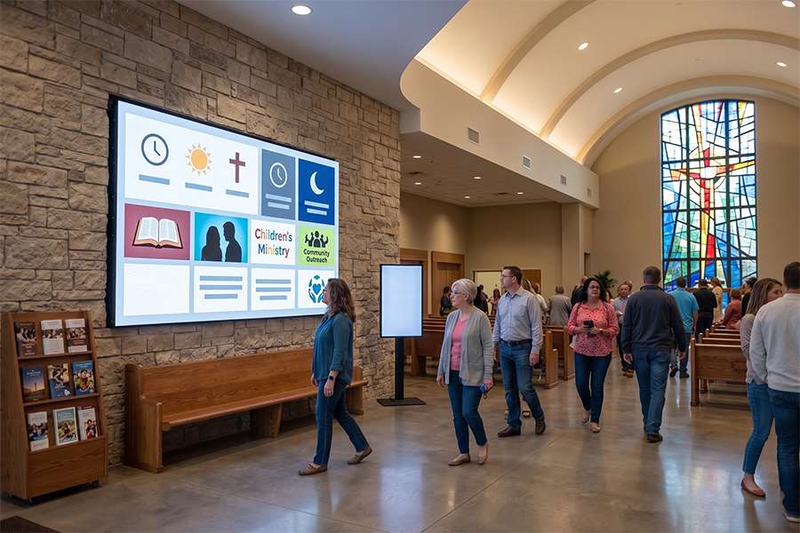 Church lobby showing a bright, high definition COB LED screen displaying service times and upcoming events