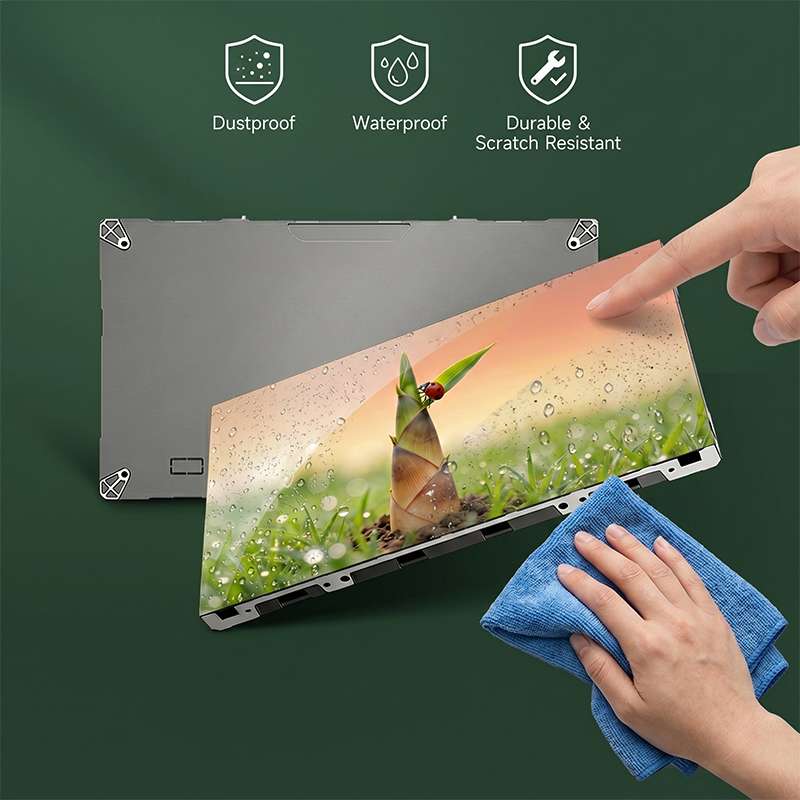 Demonstration of COB LED durability with a person touching the screen surface and wiping it with a cloth to show it is dust and water resistant
