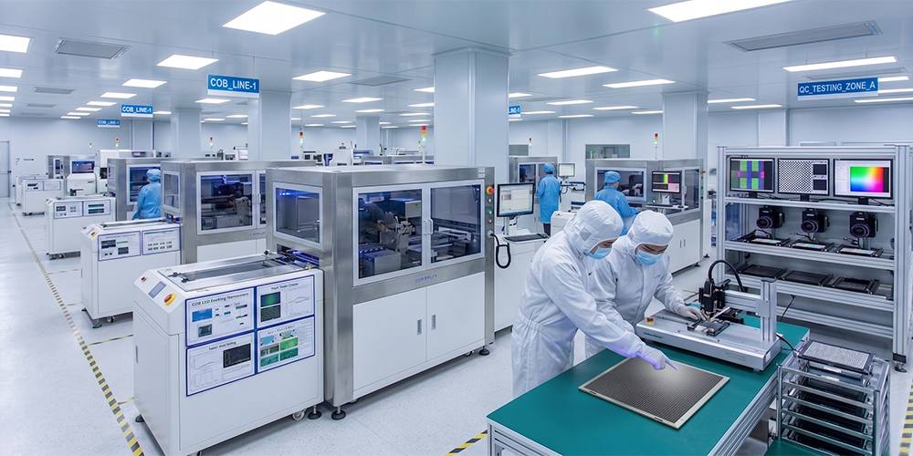 Engineers working in a high-tech clean room manufacturing facility producing and testing COB LED display modules